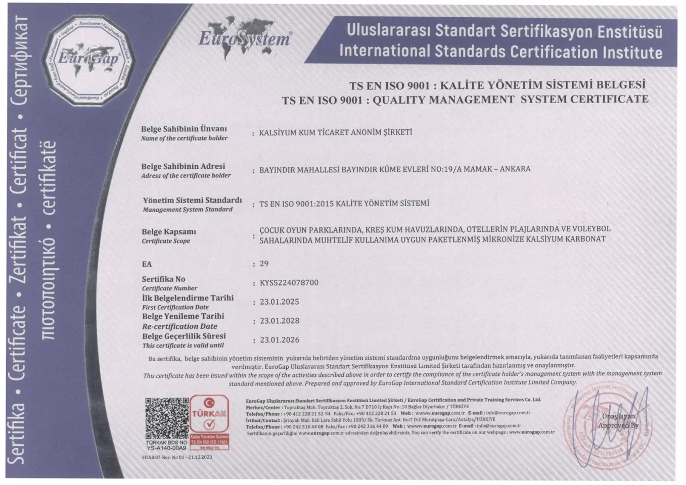 ISO 9001:2015 Kalite Yönetimi Belgesi
